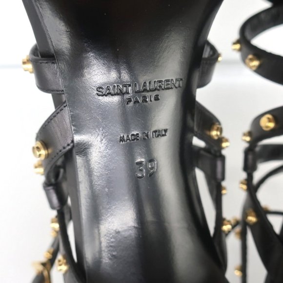 SAINT LAURENT STUDDED SANDALS JERRY BLACK LEATHER SIZE 39 STRAPPY HEELS NEW - Picture 12 of 12